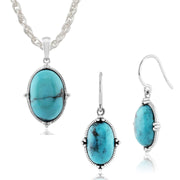 Pendentif et Boucles d'Oreilles Pendantes Style Boho Argent 925 Turquoise Cabochon Oval