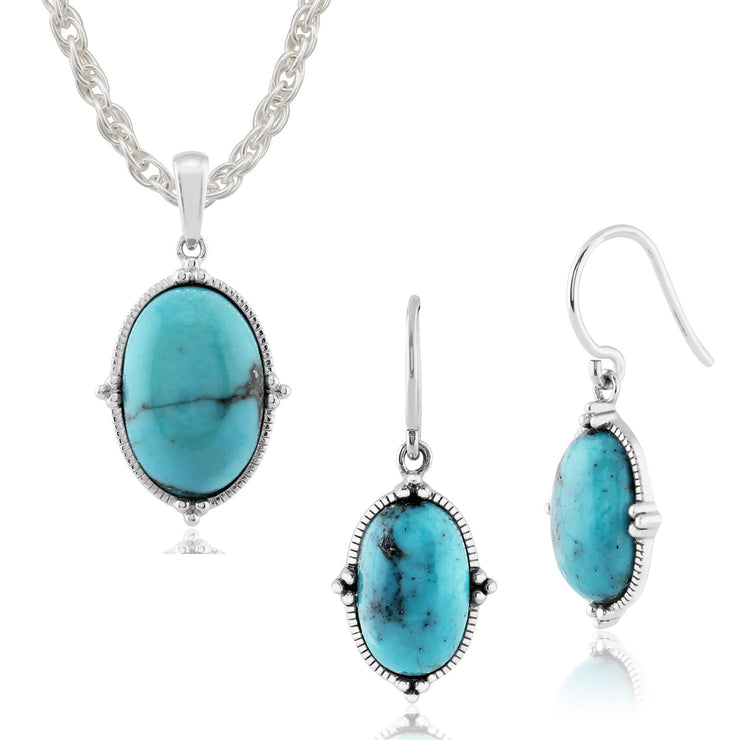 Pendentif et Boucles d'Oreilles Pendantes Style Boho Argent 925 Turquoise Cabochon Oval