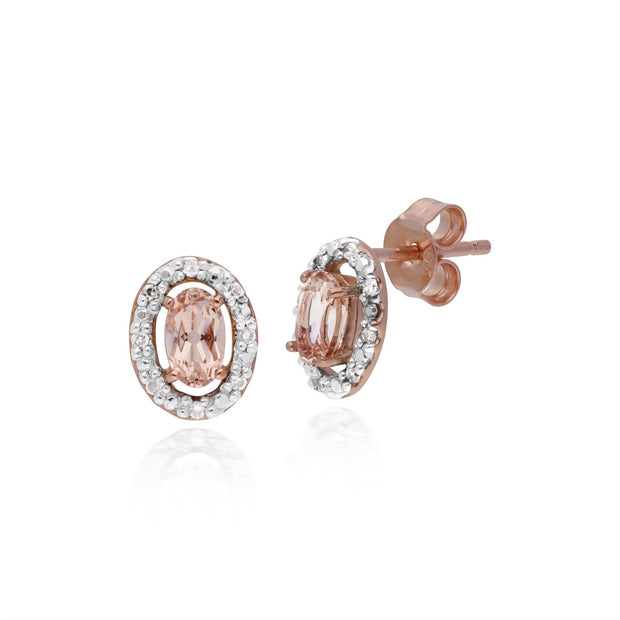 Bague Solitaire et Boucles d'Oreilles Clou Classique Or Rose 375 Morganite Ovale et Diamant