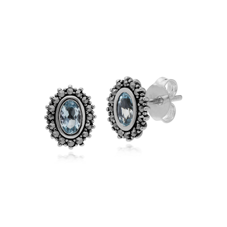 Bague et Boucles d'Oreilles Clou Style Art Déco Argent 925 Topaze Bleue Ovale et Marcassite Halo