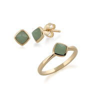 Bague et Boucles d'Oreilles Clou Classique Or Jaune 375 Jade Verte Coussin sertie Clos