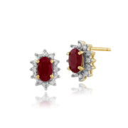 Boucles d'Oreilles Clou Classique Or Jaune 375 Rubis Oval et Diamant Halo