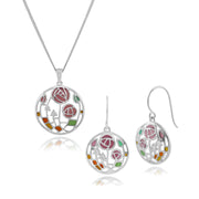 Collier et Boucles d'Oreilles Rondes Pendantes Style Rennie Mackintosh Argent 925 Topaze et Email Style Rose de Glasgow