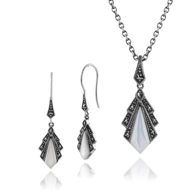Collier et Boucles d'Oreilles Eventail Pendantes Style Art Déco Argent 925 Nacre et Marcassite