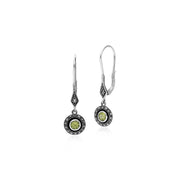 Bague et Boucles d'Oreilles Style Art Déco Pendantes Argent 925 Péridot Rond, Marcassite et Email Noire