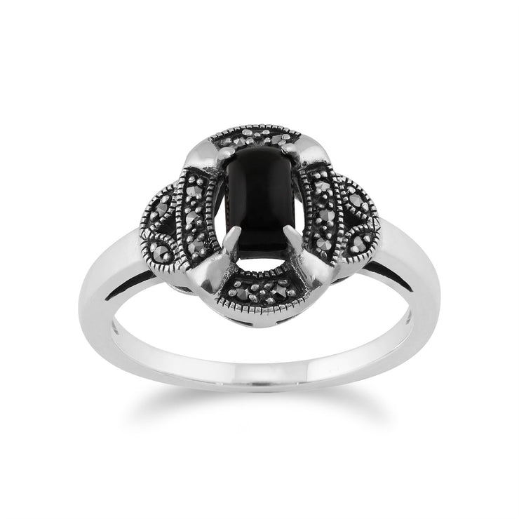 Gemondo Art Déco Bague, 925 Sterling Silver 0.50ct Onyx Noir & Marcassite Art Déco Bague