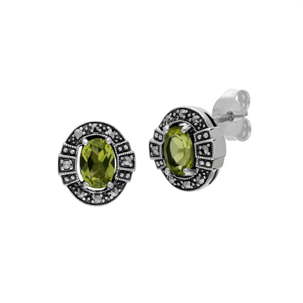 Boucles d'Oreilles Clou Style Art Déco Argent 925 Péridot Oval et Marcassite