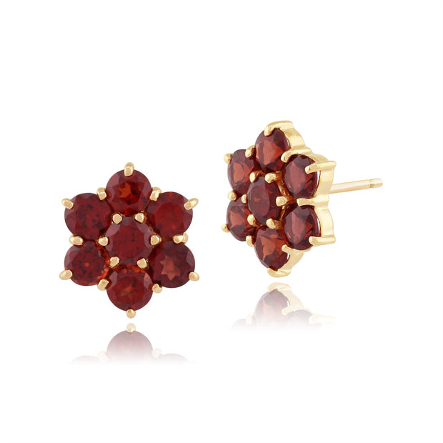 Pendentif et Boucles d'Oreilles Clou Floral Or Jaune 375 Grenat Rond Cluster