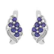 Pendentif et Boucles d'Oreilles Dormeuses Classique Argent 925 Tanzanite et Diamant Cluster