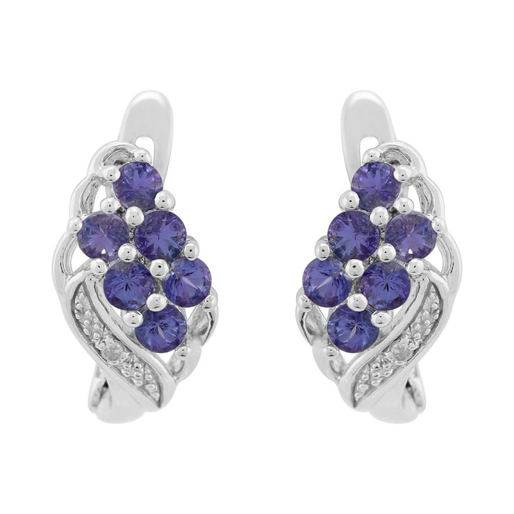 Pendentif et Boucles d'Oreilles Dormeuses Classique Argent 925 Tanzanite et Diamant Cluster