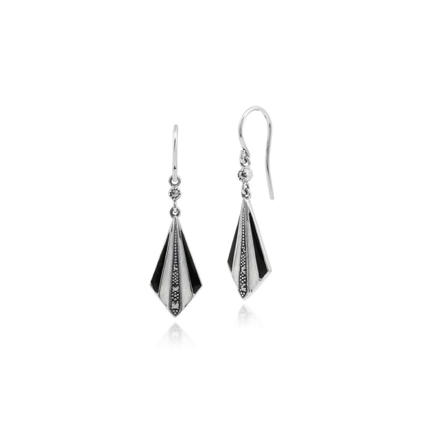 Boucles d'Oreilles Pendantes et Collier Eventail Style Art Déco Argent 925 Email et Marcassite