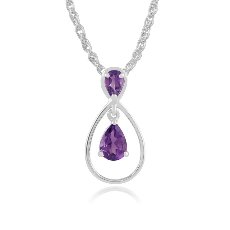 Boucles d'Oreilles Pendantes et Pendentif Classique Or Blanc 375 Améthyste Poire Halo