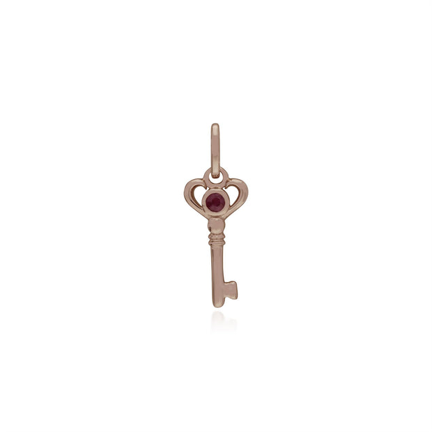 Pendentif Classique Argent 925 Plaqué Or Rose Petite Clé avec Rubis Rond