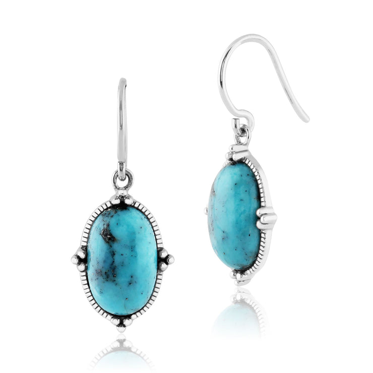 Pendentif et Boucles d'Oreilles Pendantes Style Boho Argent 925 Turquoise Cabochon Oval