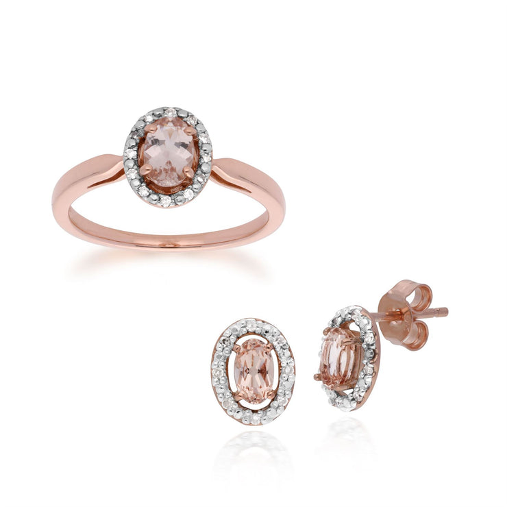 Bague Solitaire et Boucles d'Oreilles Clou Classique Or Rose 375 Morganite Ovale et Diamant