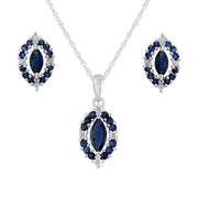 Pendentif et Boucles d'Oreilles Clou Carré Classique Argent 925 Saphir Marquise et Diamant Cluster