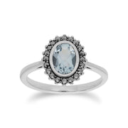 Bague et Boucles d'Oreilles Clou Style Art Déco Argent 925 Topaze Bleue Ovale et Marcassite Halo