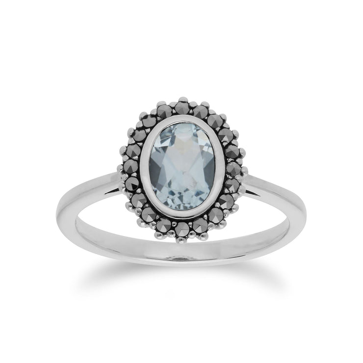 Bague et Boucles d'Oreilles Clou Style Art Déco Argent 925 Topaze Bleue Ovale et Marcassite Halo