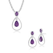 Boucles d'Oreilles Pendantes et Pendentif Classique Or Blanc 375 Améthyste Poire Halo