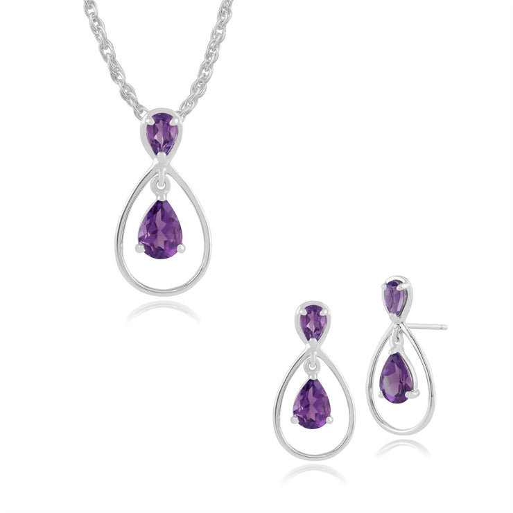 Boucles d'Oreilles Pendantes et Pendentif Classique Or Blanc 375 Améthyste Poire Halo